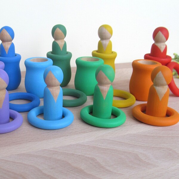 Gift set, 10 Rainbow Color Sorting Peg Dolls in Cups, Sorting toy, Pretend Play, Rainbow Montessori Toddler Toy, Sensory Play, Wooden game.