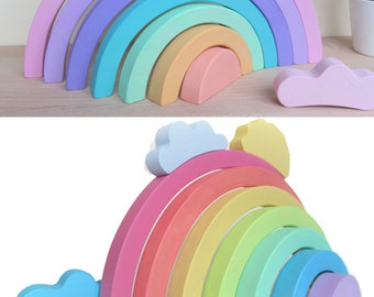 Rainbow Stacker with cloud, Wooden Balancing Game, Pastel rainbow stacking toy, Wooden toys, Game, Montessori, Handmade, Cristmas Gift baby