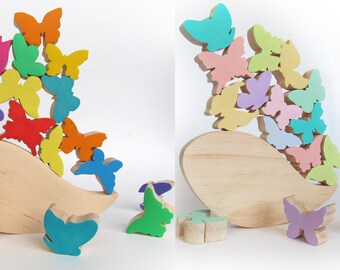 Christmas gift baby, Mothers Day Gift, Balancing Game, Wooden Butterfly toy, Rainbow stacking game, Balancer Game, Montessori, Waldorf