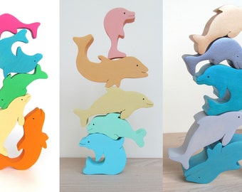 Gift for baby, Wooden Balancer Game, Rainbow Pastel stacking game, Handmade, Waldorf, Animal Ocean toy, Dolphin Toy, toddler gift baby kids