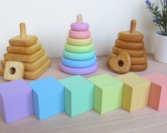 Wooden Blocks - Rainbow PASTEL Blocks - Organic Wooden Toddler Toys - Waldorf Toy - Play Building Blocks - Baby Blocks - 1.5” set of SIX