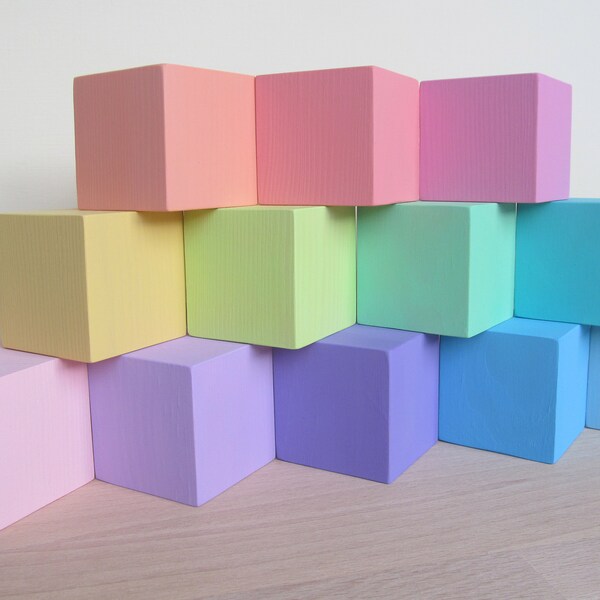 Wooden Rainbow PASTEL Blocks - Set of 12 blocks 1.8" or 2" - Organic Wooden Toddler Toys - Waldorf Toy - Play Building Blocks - Baby Blocks