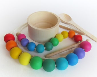 Wooden lacing toy - 10 Color Rainbow balls - 10 Wooden balls 1"or 1.2" - Wooden Lacing Beads - Montessori Toys - Color Sorting - Fine Motor