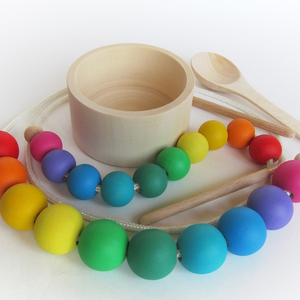 Jouet à lacer en bois - 10 boules arc-en-ciel de couleur - 10 boules en bois 1"ou 1,2" - Perles à lacer en bois - Jouets Montessori - Tri des couleurs - Motricité fine