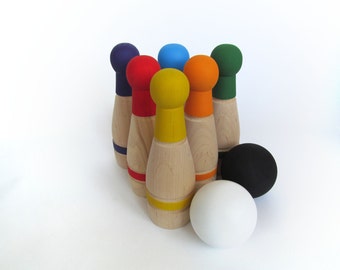 Gift for baby - RAINBOW Wooden Bowling Game - 6 Pin Bowling Game Set - Wooden Toy Skittles - Waldorf - Gift for a Toddler - Boy or Girl