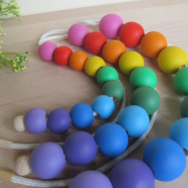 Wooden lacing toy, 10 Color Rainbow Pastel balls and Bowl, 10 Wooden balls 1"or 1.2" or 1.4", Wooden Lacing Beads, Color Sorting, Fine Motor