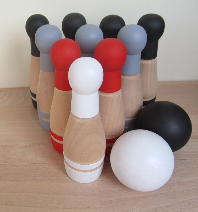 Gift for baby, RAINBOW Wooden Bowling Game, 6 or 10 Pin Bowling Game Set, Wooden Toy Skittles, Waldorf, Gift for a Toddler, Boy or Girl image 2