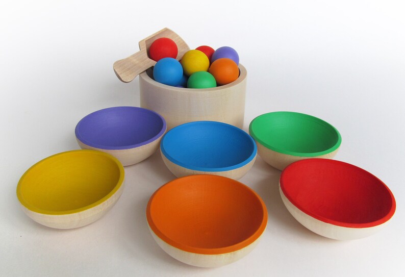 Gift Wooden Rainbow Bowls and Balls Sorting Toy Wood Etsy
