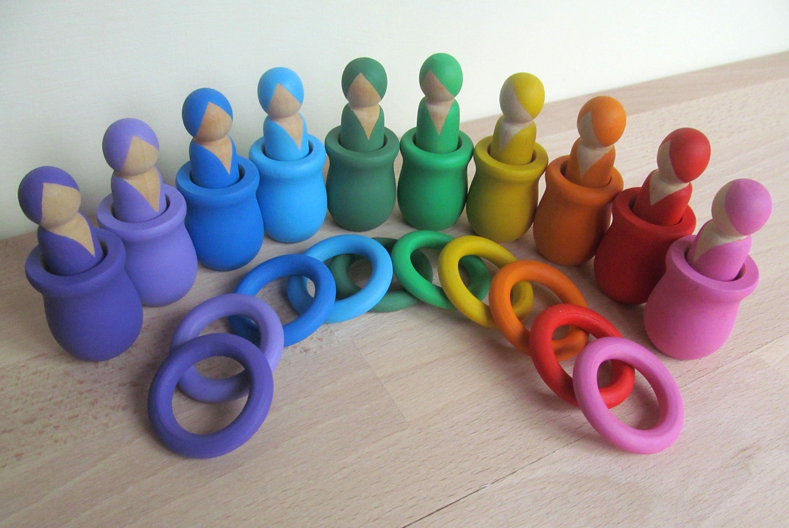 Gift set 10 Rainbow Color Sorting Peg Dolls in Cups Sorting Etsy