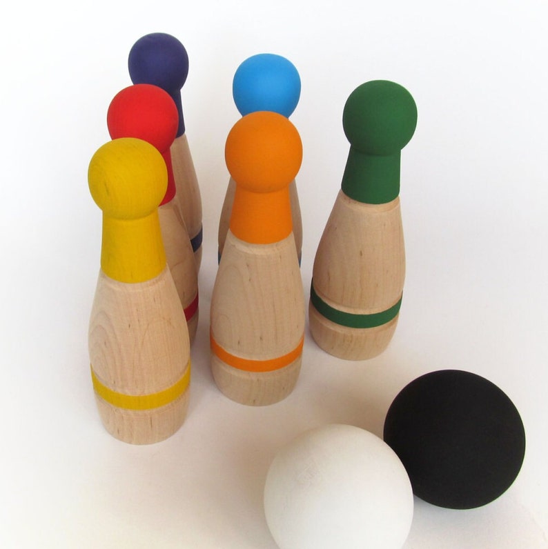 Gift for baby, RAINBOW Wooden Bowling Game, 6 or 10 Pin Bowling Game Set, Wooden Toy Skittles, Waldorf, Gift for a Toddler, Boy or Girl image 4