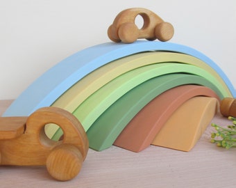 Christmas Gift baby, Grimm's Set of 6 Wooden Rainbow Bridge, Car Truck Transporter, Large Stacker, Balancing Game, Stacking toy, Montessori