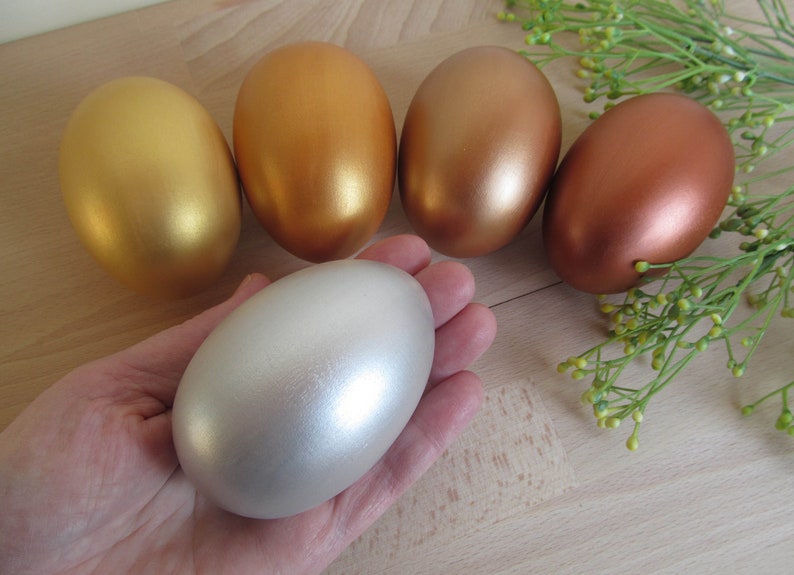 Large wooden Egg, Wood Goose egg size, Easter gift, Gold Antique gold Silver Copper Bronze Easter egg, Pretend Play, Play Food, Waldorf toy image 1