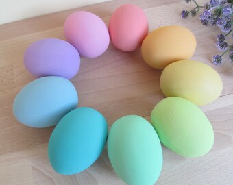 Easter Egg 2.5"- Set of 9 EGGS - Easter Basket - 9 Wooden PASTEL Rainbow EGGS - Easter Gift baby - Play Food - Waldorf Toy - Sorting game