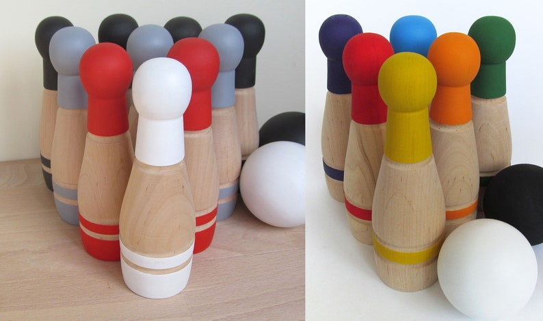 Gift for baby, RAINBOW Wooden Bowling Game, 6 or 10 Pin Bowling Game Set, Wooden Toy Skittles, Waldorf, Gift for a Toddler, Boy or Girl image 1