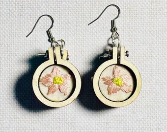 Pink lily embroidered hoop earrings