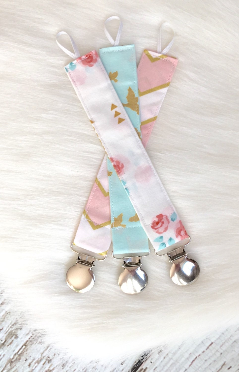 Pacifier Clips Girl Set Gold Accents Set of 3 Whimsical Etsy