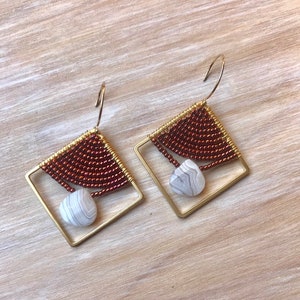 Red Seed Bead Gray Agate Gemstone Gold Geometric Handmade Earrings