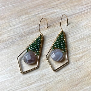 Green Seed Bead Gray Agate Gemstone Wire Wrapped Gold Earrings