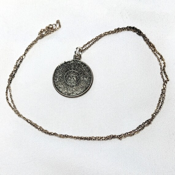 Vintage Sterling Silver Aztec Calendar Necklace - image 3