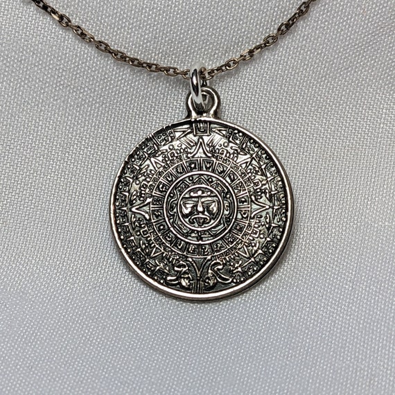 Vintage Sterling Silver Aztec Calendar Necklace - image 1