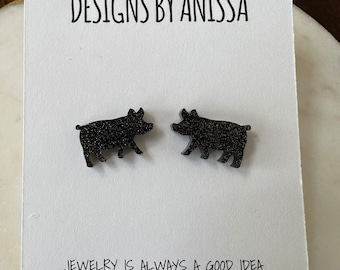 Pig Earrings - Black Glitter