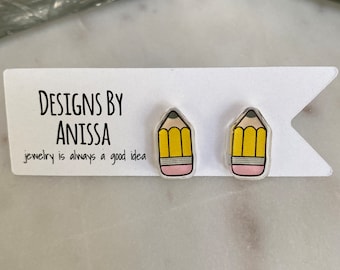 Pencil Earrings, Printed Acrylic, Surgical Steel Posts