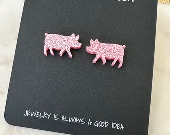 Pig Earrings - Pink Glitter