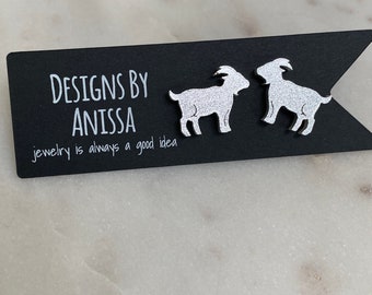 Silver Glitter Goat Earrings, Laser Cut Acrylic