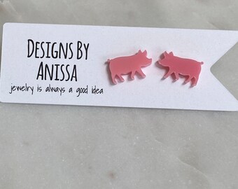 Pink Pig Earrings, Laser Cut Acrylic, Hypoallergenic Steel Posts