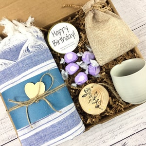 Beachy Birthday Gift Box for Women w Turkish Towel, Birthday Candle Japanese style mug Birthday Gift Basket for Her Tea Coffee FREE SHIPPING image 1