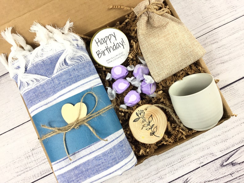 Beachy Birthday Gift Box for Women w Turkish Towel, Birthday Candle Japanese style mug Birthday Gift Basket for Her Tea Coffee FREE SHIPPING image 1