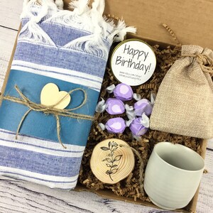 Beachy Birthday Gift Box for Women w Turkish Towel, Birthday Candle Japanese style mug Birthday Gift Basket for Her Tea Coffee FREE SHIPPING image 5