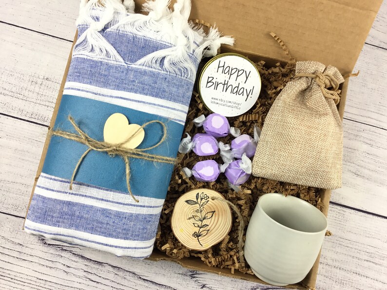 Beachy Birthday Gift Box for Women w Turkish Towel, Birthday Candle Japanese style mug Birthday Gift Basket for Her Tea Coffee FREE SHIPPING image 5