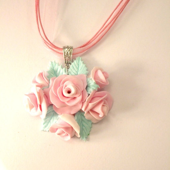 Items similar to Romantic necklace with pink roses pastel on Etsy