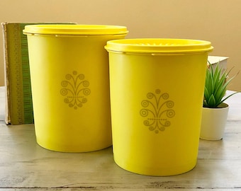 Vintage 1970's Tupperware Servalier Daffodil Yellow Canister Set 2-Piece | Retro Tupperware Canisters w/ Lids 807 809| Nesting Canisters