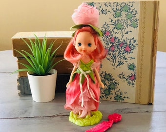 Vintage 1980's Rose-Petal Place Rose Petal Doll | 1984 Rose Petal Place Doll with Stand and Comb | Retro Rose Petal Place Pink Rose