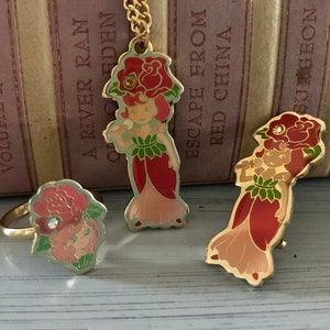 Vintage 1980's Rose-Petal Place Jewlery | 80's Rose Petal Place Necklace, Ring, Pin | 80's Retro Charm Necklace Rose-Petal Place Pin