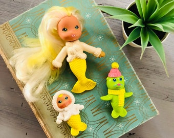 Vintage 1980's Sea Wees Icy Gals Shelly, Baby Pearl, and Shivers | 1980s Kenner Sea Wees Mermaid Bath Toy | Retro Kenner Yellow Mermaid