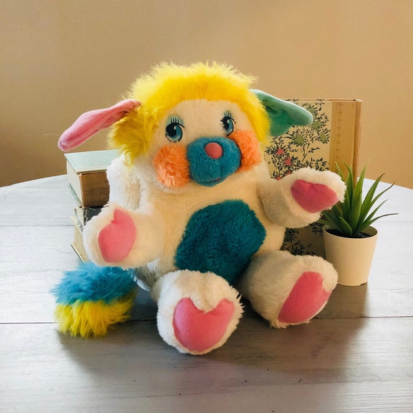 Vintage 1980's Popples Puffball Popple | 80's White, Pink, Yellow, and Blue Popple Plush | 1986 Retro Puffball Popple Stuffed Animal Plush