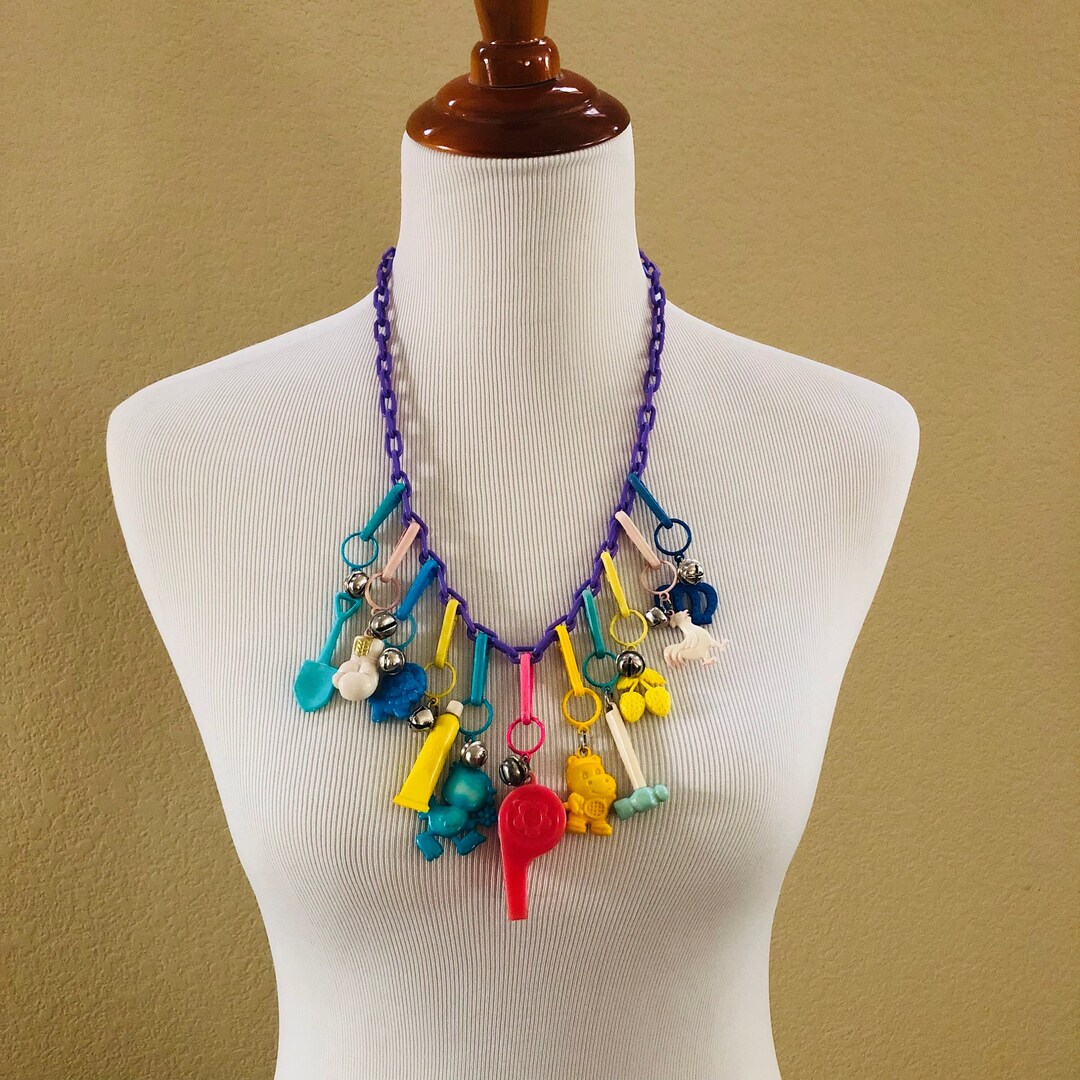 Vintage 1980's Plastic Bell Charm Necklace 80's Etsy