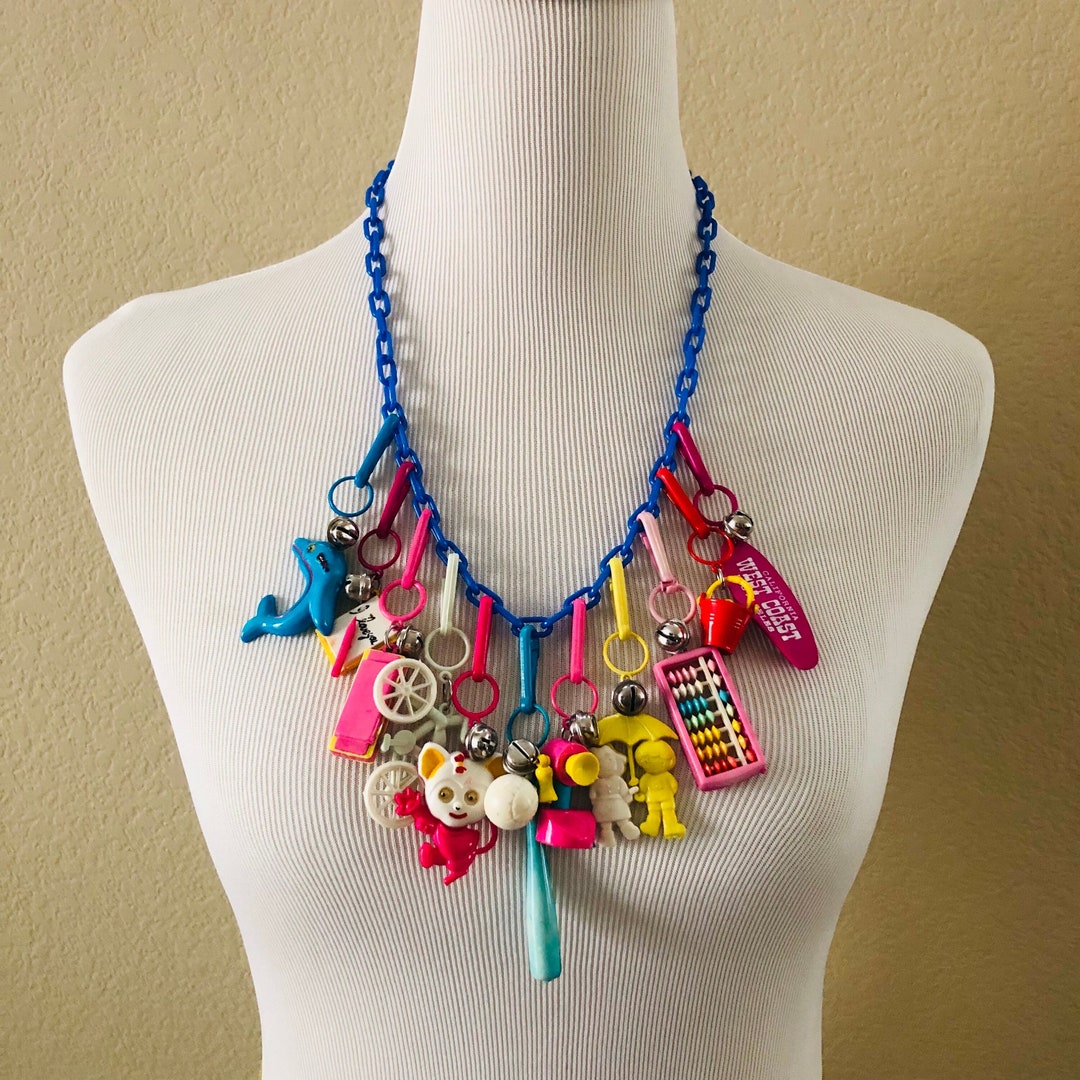 Vintage 1980's Plastic Bell Charm Necklace 80's Plastic Clipon Charms Retro Colorful Plastic