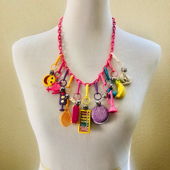 Vintage 1980's Plastic Bell Charm Necklace | 80's 