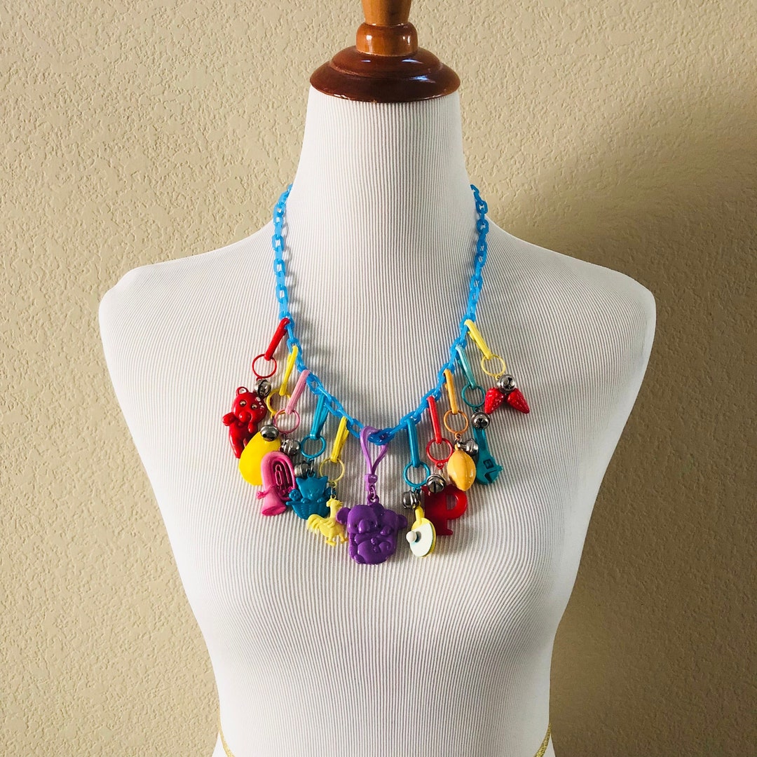Vintage 1980's Plastic Bell Charm Necklace 80's Plastic Clipon Charms