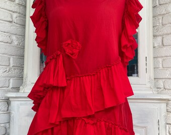 Bluse Rot Baumwollbluse mit Rüschen Größe 36 bis 48