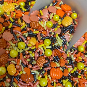 May include: A variety of colorful sprinkles in orange, yellow, brown, and black. The sprinkles include small balls, long thin sticks, and pumpkin shapes.