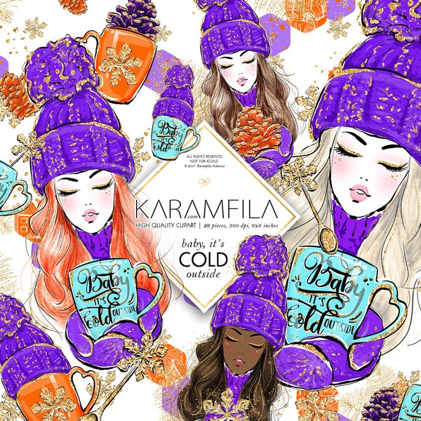 Winter Clipart, Tea Clipart Cold Weather Clipart Favorite Mug Coffee Casual Fashion Clipart Purple Orange Teal Gold Glitter Planner Stickers