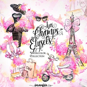 Paris Clipart French Fashion Watercolor Eiffel Tower Floral Illustration Modern Vintage Dress Shoes Retro Scooter Handpainted Blogger Theme