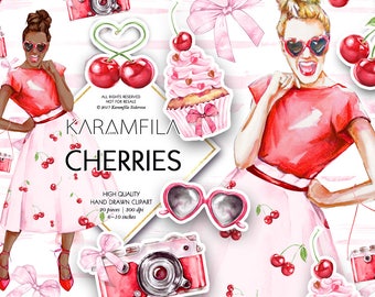Cherry Clipart Cherries Clip Art Photo Camera Clipart Watercolor Fashion Clipart Summer Clipart Fruits Clipart Girl Planner Stickers DIY Set