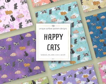 Happy Cats Digital Papers, High Quality Designs, 10 JPGs - Digital Print, Watercolour, Commercial Use - Digital Download