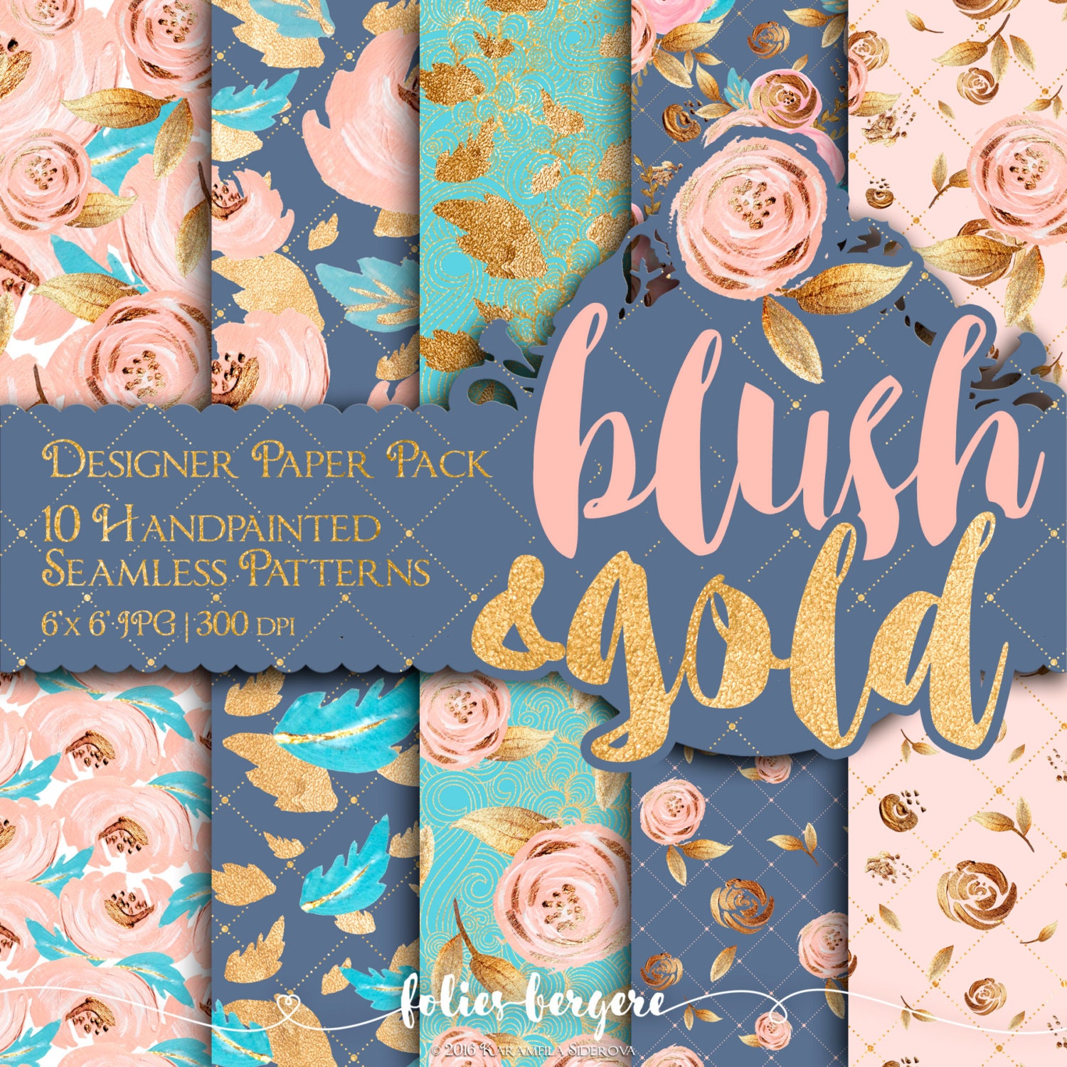 Handpainted Floral Digital Paper Blush Peach Navy Turquoise Gold Glit…